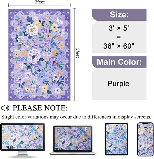 DUKINO 3x5 Area Rug, Floral Rugs for Living Room, Lightweight Non Slip Washable Rug, Indoor Low Pile & Non-Shedding Boho Design Rugs for Bedroom, Living Room, Dining Room, Purple