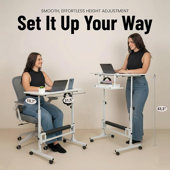 Small Rolling Desk with Wheels, Adjustable Height 27"-43.3" Portable Standing Desk, 31.5"x15.7" Tabletop, Mobile Laptop Computer Table for Home Office Workstation, White