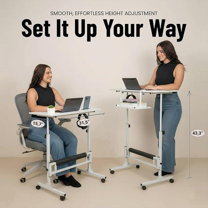 Small Rolling Desk with Wheels, Adjustable Height 27"-43.3" Portable Standing Desk, 31.5"x15.7" Tabletop, Mobile Laptop Computer Table for Home Office Workstation, White