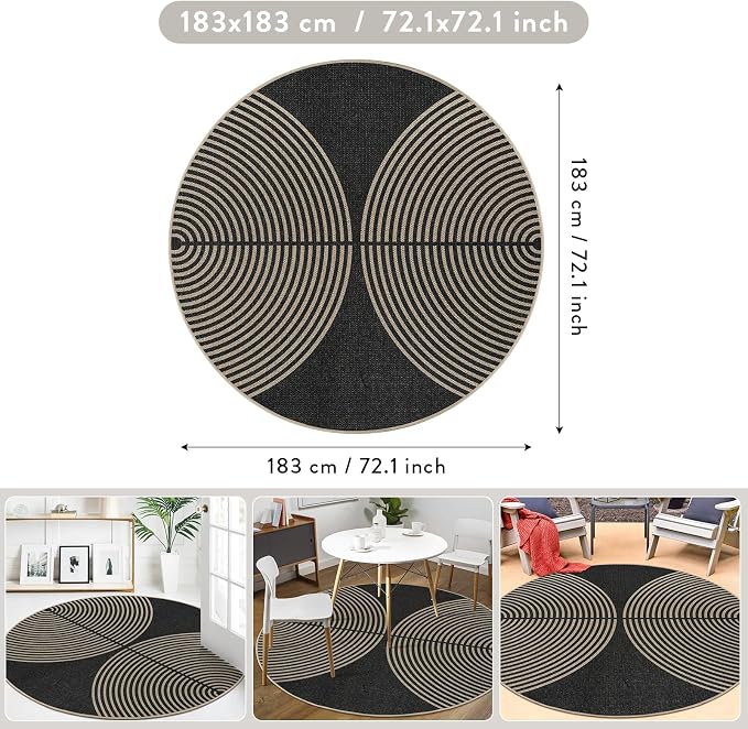 Lahome Enfys Modern Rainbow Round Rug, 6ft Easy Jute Circle Patio Rug Washable Indoor Outdoor Carpet for Living Room, Farmhouse Natural Contemporary Round Mat for Entryway Backyard Porch