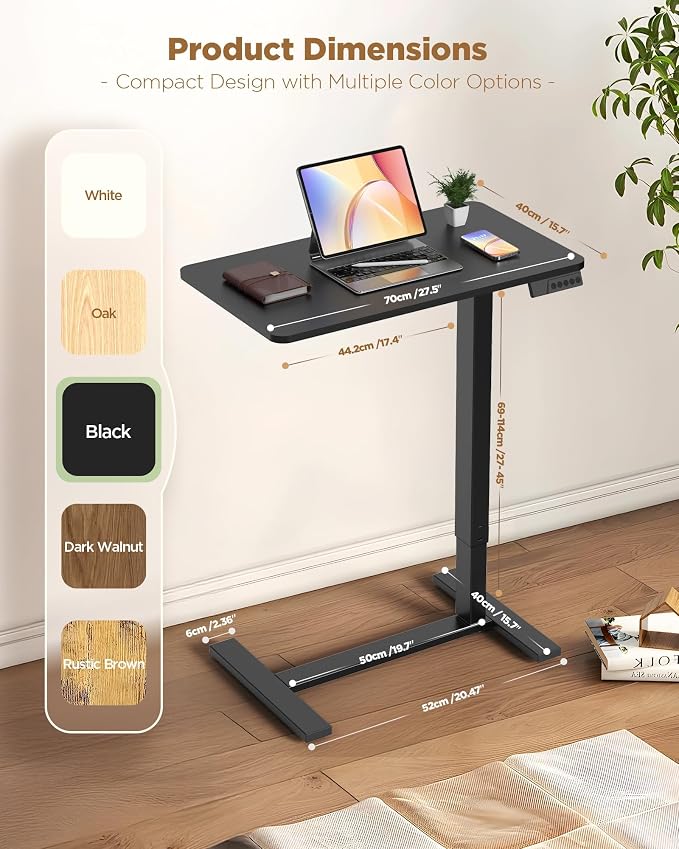 Overbed Bedside Table with Wheels, Electric Standing Desk Adjustable Height, Small Computer Desk for Home Office, Rolling Laptop Desk for Bed, Sofa, or Hospital Use (28"x16",Black)