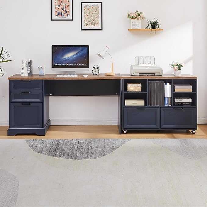 60" Farmhouse Executive Desk and 40" Mobile File Cabinet Combination,L Shaped Executive Desk with Charging Station,Home Office Desk for Office Work,Home Study (Blue)