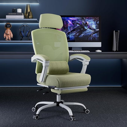DUMOS Office Desk Computer Chair with Footrest, Ergonomic Mesh Swivel Gaming Chair with Rolling Wheels, Comfortable Headrest, Lumbar Support, Comfy for Home, Office, Task, Student, Elegant Green