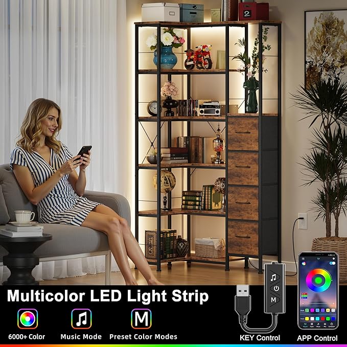 AFLUI 6-Tier Corner Bookshelf with LED and 4 Fabric Drawers | Corner shelf with left/right short side; LED light for home office, bedroom, living room