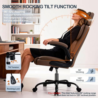 Office Chair with Adjustable Headrest - Executive Leather Desk Chair for Home Office, with Flip-Up Arms & Ergonomic Lumbar Support, Perfect for Work and Study, Brown