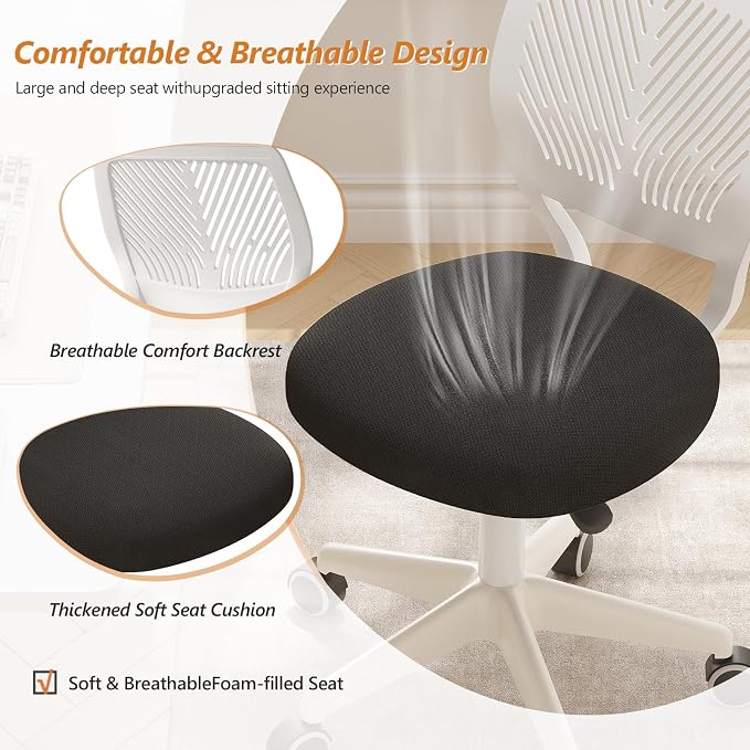 JPBSTO Armless Desk Chair, Height Adjustable Swivel Office Rolling Task Chairs with Soft Mesh Padded Cushion, Ergonomic Small Study Computer Chair for Girls Boys Teens, White Black