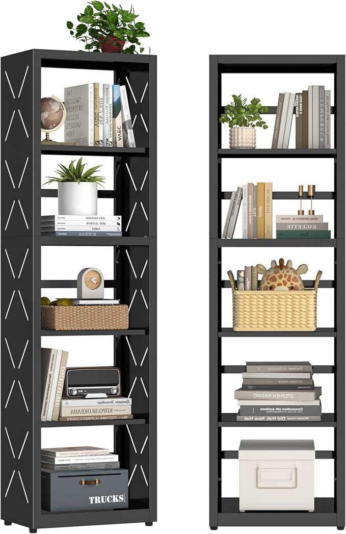 UNICOLY Bookshelves and Bookcases, 5 Tier Metal Bookshelf with Adjustable Shelves and Bookends, Open Shelf Bookcase, Display Shelves for Home Decor Bedroom, Living Room, Home Office, Black