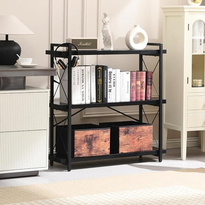 HCHQHS Bookshelf, 3-Tier Industrial Bookcase, Black Open Book Shelf, Freestanding Horizontal Bookshelves with Metal Frame