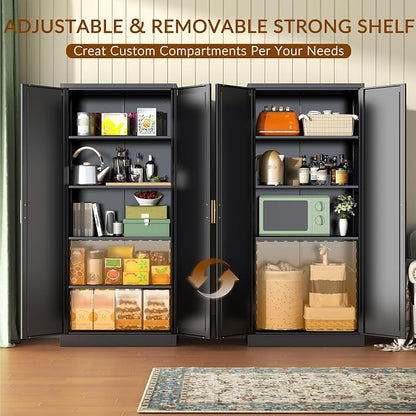 BESFUR 71" Tall Black Kitchen Pantry Cabinet, Metal Food Storage Cabinet with 4 Adjustable Shelves, Freestanding Cupboard with Doors for Kitchen, Dining Room, Living Room, Bathroom, Laundry Room