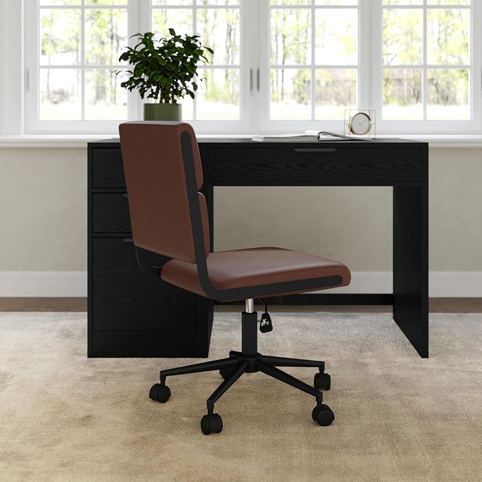 Martha Stewart Lulu Swivel Task Chair with Height Adjustable Seat for Home Office in Saddle Brown Faux Leather with Oil Rubbed Bronze Frame