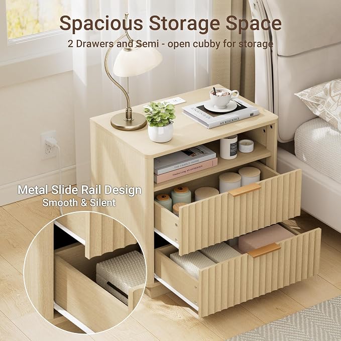 Fluted Nightstand, Night Stand Set 2, 23" Wide Nightstands Set of 2 with Charging Station, 2 Drawers Large End Table w/Storage, Modern Bedside Table for Bedroom, Curved Corners, Natural Oak