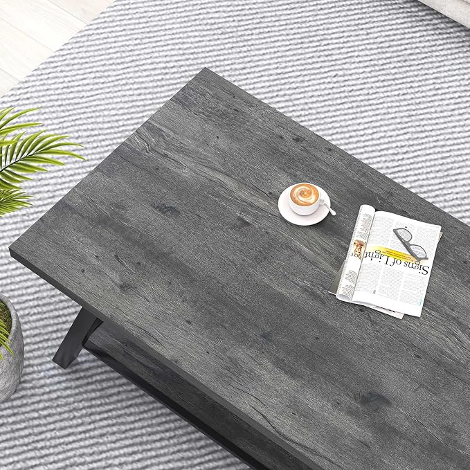 EXCEFUR Coffee Table, Industrial Wood and Metal Center Table for Living Room, Rectangle Cocktail Tea Table with Storage Shelf, Rustic Grey, 47 Inch