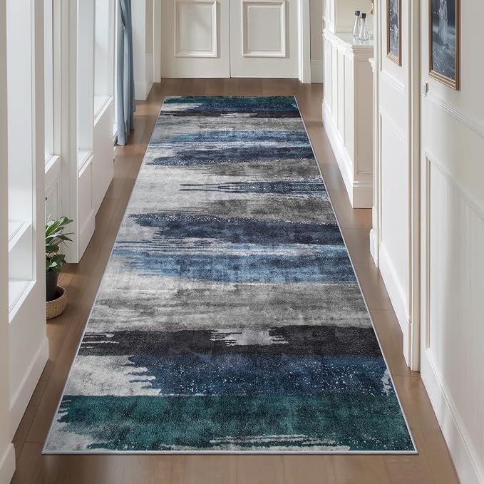 Ciicool 2'6"x10' Washable Runner Rug, Modern Abstract Hallway Rugs Runner, Non-Slip Thin Accent Rug Lightweight Navy Grey Print Distressed Carpet for Laundry Entryway Bedroom Kitchen Indoor