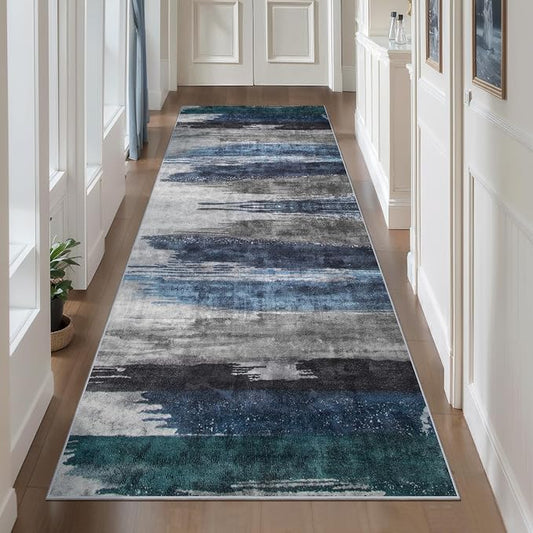 Ciicool 2'6"x10' Washable Runner Rug, Modern Abstract Hallway Rugs Runner, Non-Slip Thin Accent Rug Lightweight Navy Grey Print Distressed Carpet for Laundry Entryway Bedroom Kitchen Indoor