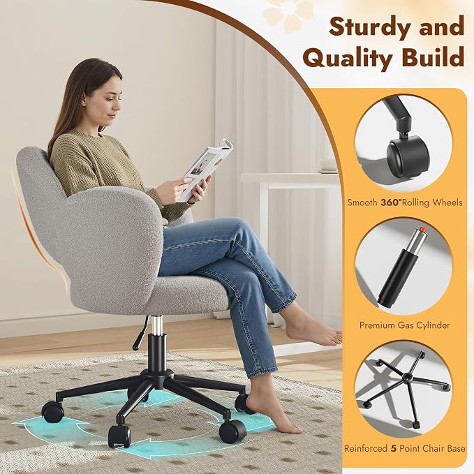Homkdom Desk Chair with Wheels, 3.94" Thick Comfy Petal Vanity Chair, Swivel Armless Chair with Open Back and Adjustable Height, Ideal for Makeup Study Work and Relaxation, Grey