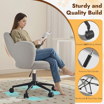 Homkdom Desk Chair with Wheels, 3.94" Thick Comfy Petal Vanity Chair, Swivel Armless Chair with Open Back and Adjustable Height, Ideal for Makeup Study Work and Relaxation, Grey