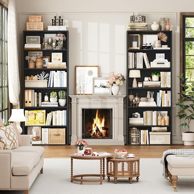FOTOSOK 6-Tier Open Bookcase and Bookshelf, Freestanding Display Storage Shelves Tall Bookcase for Bedroom, Living Room and Office, Black Set of 2