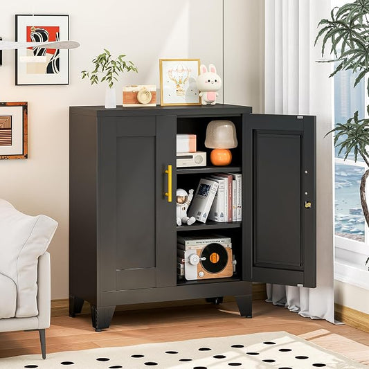 Black Metal Storage Cabinet, 36" Steel Locker Cabinets for Home Office, Locking Storage with Doors and 2 Adjustable Shelves, Utility Cabinet, for Office, Home, Garage, School