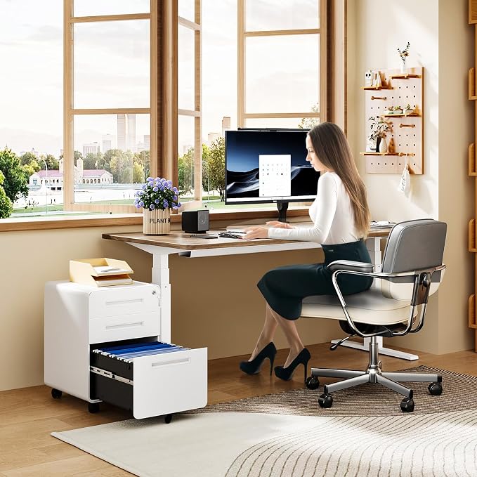 MIIIKO Mobile Filing Cabinet 3 Drawer, White Small File Cabinet with Lock Under Desk, Filing Cabinets for Home Office with Wheels, A4/Letter/Legal Hanging File Folders