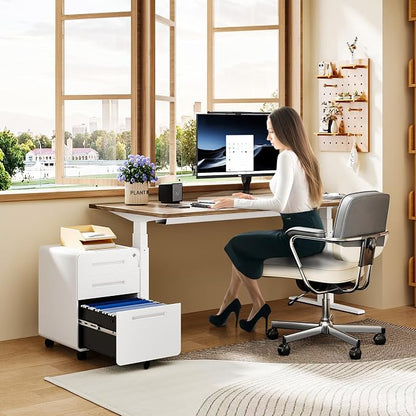 MIIIKO Mobile Filing Cabinet 3 Drawer, White Small File Cabinet with Lock Under Desk, Filing Cabinets for Home Office with Wheels, A4/Letter/Legal Hanging File Folders