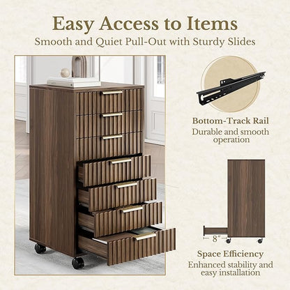 7 Drawer File Cabinet with Wheels for Home Office, Black Walnut | Fluted 7 Drawer Chest, Wood File Cabinet with Lockable Wheels, Anti-Tip Design