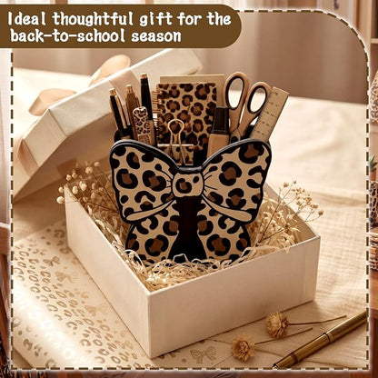 Tenceur Leopard Print Bow Holder for Desk Large Capacity Bow Wooden Pencil Holder Coquette Supplies Desk Organizer Cute Teacher Office Decor Makeup Brush Holders Back to School Gift for Girls Women