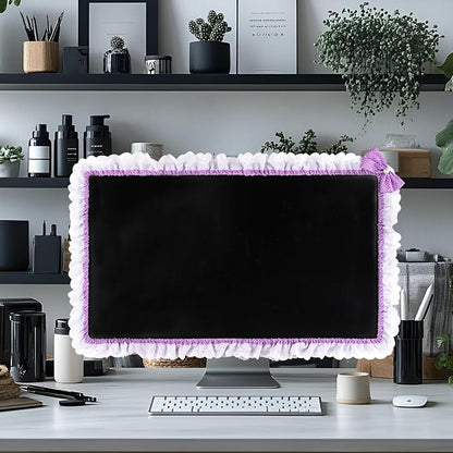 32"-38" Lovely Cute Computer Monitor Cover with Lovely Cute Elastic Pen Pocket Bow-knot TV LCD Screen Monitor Decoration Dust Cover Protector, Lace Fabric - purple