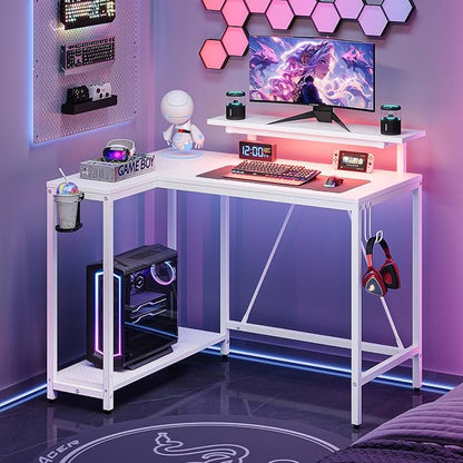 Pinmoco 42" Reversible Small L-Shaped Gaming Desk with LED Lights, White | corner desk fits small spaces, monitor stand, cup holder, headset hook, carbon fiber surface, for gaming and home office