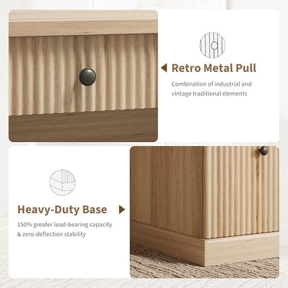 54" Executive Desk with Fluted Wave Board Design, Home Office Computer Desk with 3 Drawers and Storage Cabinet, Built-in USB Ports & Power Outlets, Modern Writing Table for Bedroom Natural Wood