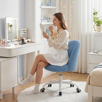 DurayLoly Cute Vanity Chair with Wheels, Ultra-Soft Teddy Fleece, Adjustable Height & 360° Swivel Compact Rolling Desk Chair for Bedroom, Vanity Table & Dorm Ink Blue
