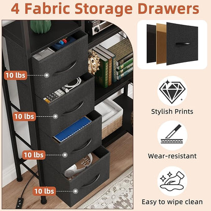 AFLUI Corner Bookshelf with LED Light Strips & 4 Fabric Drawers, 5-Tier Convertible Corner Shelf with Display Shelf, Large Wood Industrial Bookcase for Living Room, Bedroom, Home Office, Black