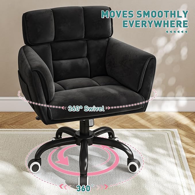 DurayLoly Home Office Chair with Wheels Soft-Touch Material,Modern Cute Vanity Chair with Back Adjustable Height Upholstered Comfy Desk Chairs with Side Pockets for Bedroom,Black