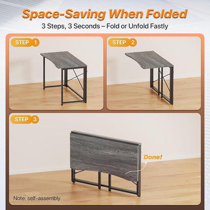 Huuger Folding Desk for Small Spaces, 39.3 Inch Foldable Computer Table, for Home Office, Study, Bedroom, Dorm, Space Saving, Small Writing Work Office Computer Desk, Easy to Fold, Grey
