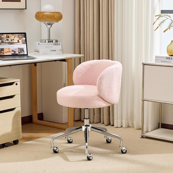 VINGLI Cute Small Swivel Desk Chair Comfy with Wheels,Ergonomic Low-Back Lumbar Support Vanity Nail Tech Rolling Task Stool Girls Women Kids Chair for Home Office,Height Adjustable,Teddy Fleece,Pink