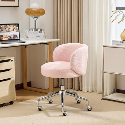 VINGLI Cute Small Swivel Desk Chair Comfy with Wheels,Ergonomic Low-Back Lumbar Support Vanity Nail Tech Rolling Task Stool Girls Women Kids Chair for Home Office,Height Adjustable,Teddy Fleece,Pink
