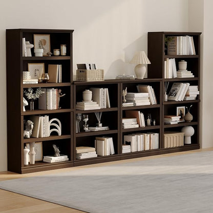 blini Wooden Bookshelf and Bookcase Set of 2, Cherry Wood Double Wide Large Bookshelves 3 Tier Bookshelf with Storage Cabinets for Living Room, Home Office, Library (Cherry Wood, 3-Shelf)