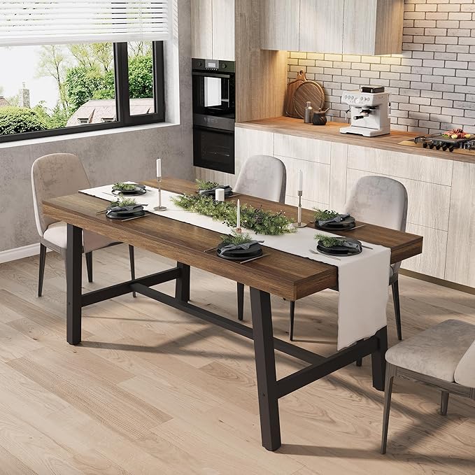 GarveeHome Industrial Dining Table for 4-6 People, 63" Long Large Kitchen Table with Sturdy Metal Frame, Rectangular Counter for Dinner, Kitchen, Dining Room (Brown, 63" Non-extendable)