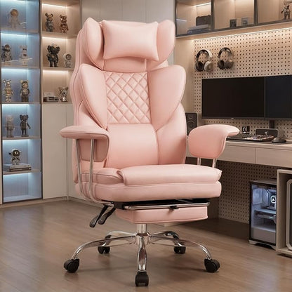 NEO CHAIR Big and Tall Office Chair Gaming Computer Chair High Back Heavy Duty Desk Chai with Lumbar Support Adjustable Recliner Footrest Wide Seat Leather Executive Home with Wheels (Leather Pink)