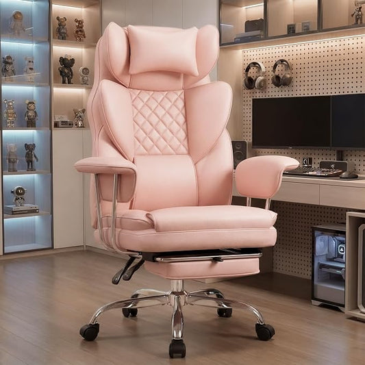 NEO CHAIR Big and Tall Office Chair Gaming Computer Chair High Back Heavy Duty Desk Chai with Lumbar Support Adjustable Recliner Footrest Wide Seat Leather Executive Home with Wheels (Leather Pink)