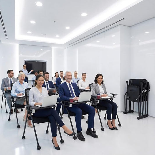 Updated Conference Room Chairs with Tablet Arm, Folding Office Desk Chair with Lumbar Support and Sliding Armrest with Casters, Stackable Office Guest Chairs & Reception Chairs, 20 Pack Black
