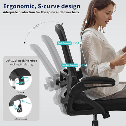Ergonomic Office Chair, Desk Chair with Adjustable Lumbar Support, Breathable Mesh Comfy Computer Chairs with Flip-up Armrests Executive Task Chair for Adults Home Office (6Pcs)