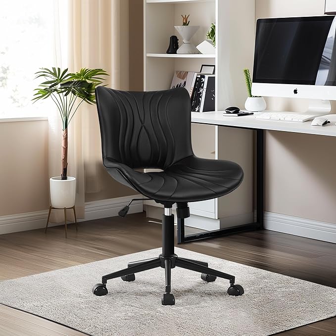 Armless Office Chair, Height Adjustable Desk Chair with Wheels, Ergonomic Comfy 360° Swivel Home Office Computer Task Chair, Faux Leather Padded Cute Vanity Chair,Black