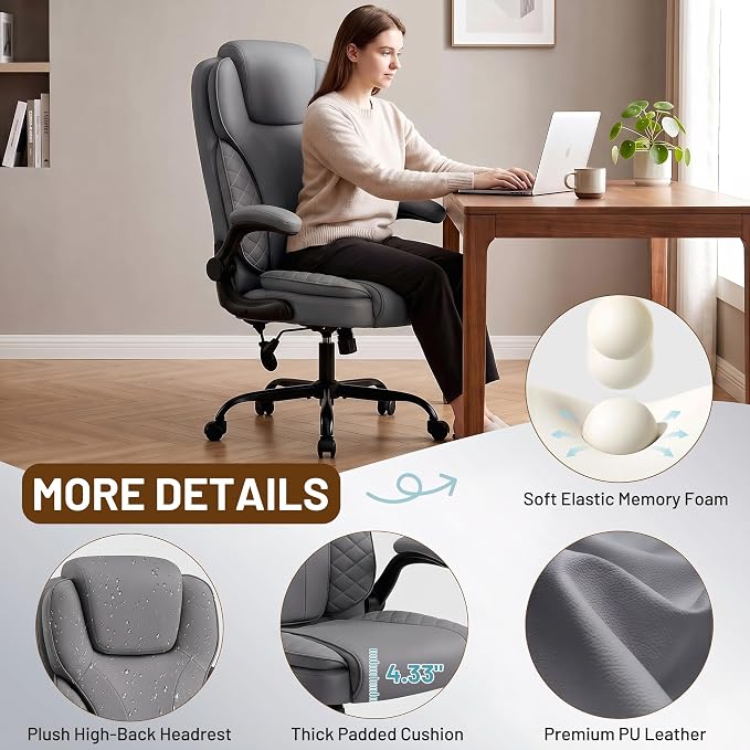 Ergonomic Office Chair, PU Leather High Back Executive Chair with Adjustable Inflatable Lumbar Support and Padded Flip-Up Arms, Recline Swivel Task Computer Chair for Home Office, Gray