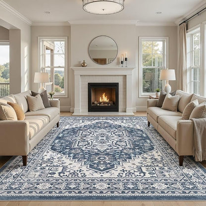 UERMEI 8x10 Area Rug for Living Room - Washable Vintage Carpet, Non-Slip Soft Large Indoor Floor Rugs for Bedroom Home Office & Under Dining Table Decor, Denim Blue/White