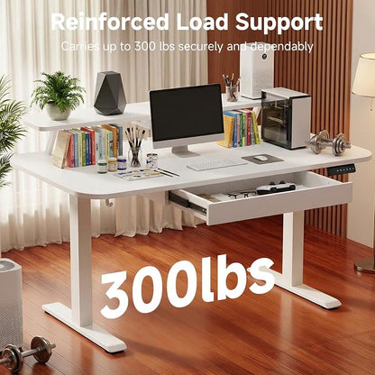 GTPLAYER Electric Standing Desk with Drawers, 55 x 24 Inches Height Adjustable Computer Desk with Monitor Stand, Laptop Stand, Home Office Sit Stand Up Desk with Memory Preset, White