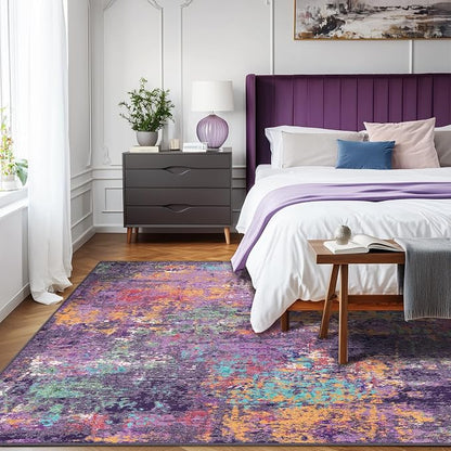 RELEANY Washable Area Rugs 5'x7' Non-Slip Modern Abstract Soft for Living Room Entryway Bedroom Kitchen, Print Pattern, Purple Orange Blue Green Rust Red Colorful