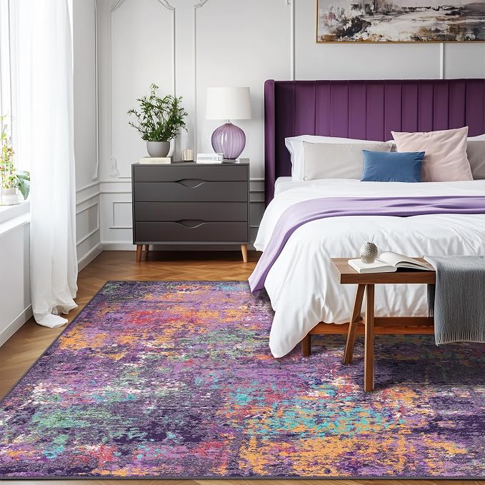 RELEANY Washable Area Rugs 5'x8' Non-Slip Modern Abstract Soft for Living Room Entryway Bedroom Kitchen, Print Pattern, Purple Orange Blue Green Rust Red Colorful