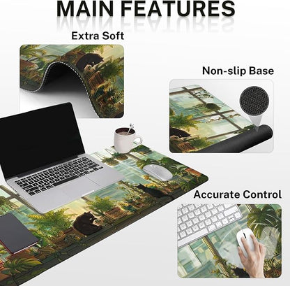 Britimes Cute Cat Keyboard Mouse Pad Set Green Plants 4in1 Large Mousepad+Keyboard Wrist Rest+Mouse Wrist Rest+Coaster Ergonomic Design for Home Office Computer 35.4x15.7 inches