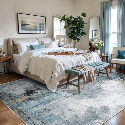 Ciicool Modern Abstract Rug for Living Room, 5'x7' Machine Washable Soft Area Rug Non-Slip Rug, Low-Pile Contemporary Indoor Dining Floor Carpet for Bedroom Office Under Table Home Decor Teal Gold