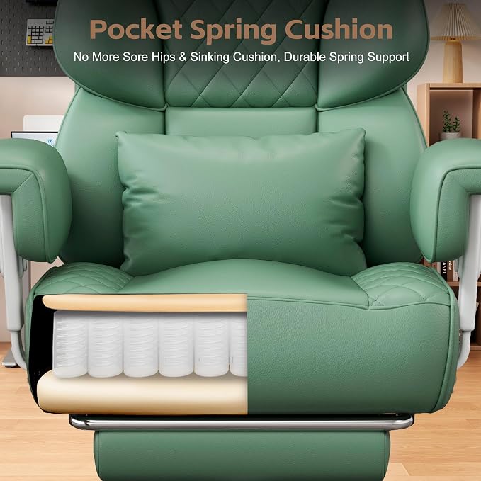 Vonesse Big and Tall Office Chair, Desk Chair with Soft Adjustable Armrests, Ergonomic High Back Gaming Chair with Lumbar Support, Executive Computer Chairs with Footrest (PU Leather, Green)